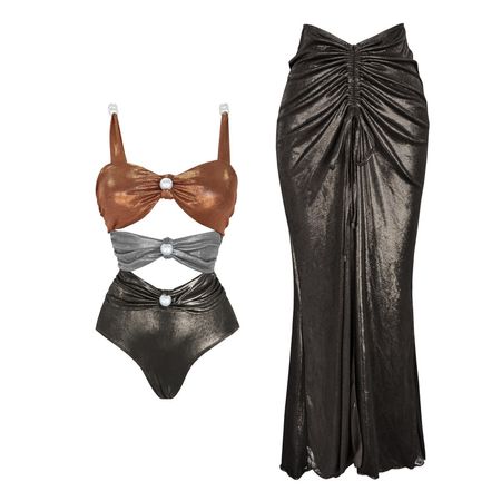 Metallic Cut-Out Monokini with Matching Maxi Skirt | 2025 Two-Piece Luxury Resort Wear | Push-Up Beach Swimsuit Set